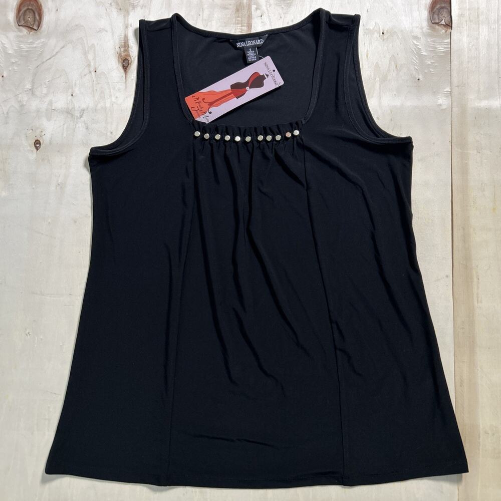 Nina Leonard Women's Sz S Tank Top Black Metallic Beads Miracle Matte Jersey NWT